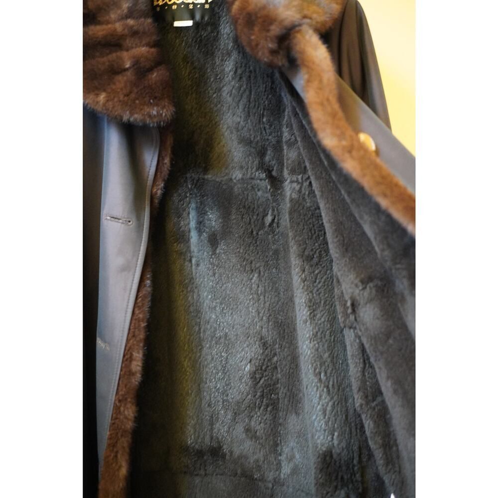 Vintage Woodan Fur Lined Leather Coat Mob Wife Mink Collar Brown Car Coat M - Picture 6 of 11